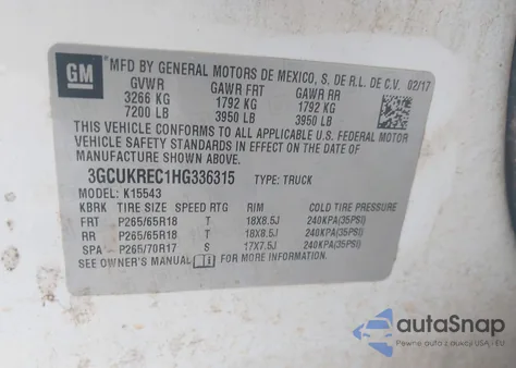 2017 Chevrolet Silverado 1500 2Lt z USA, uszkodzony, nr VIN 3GCUKREC1HG336315